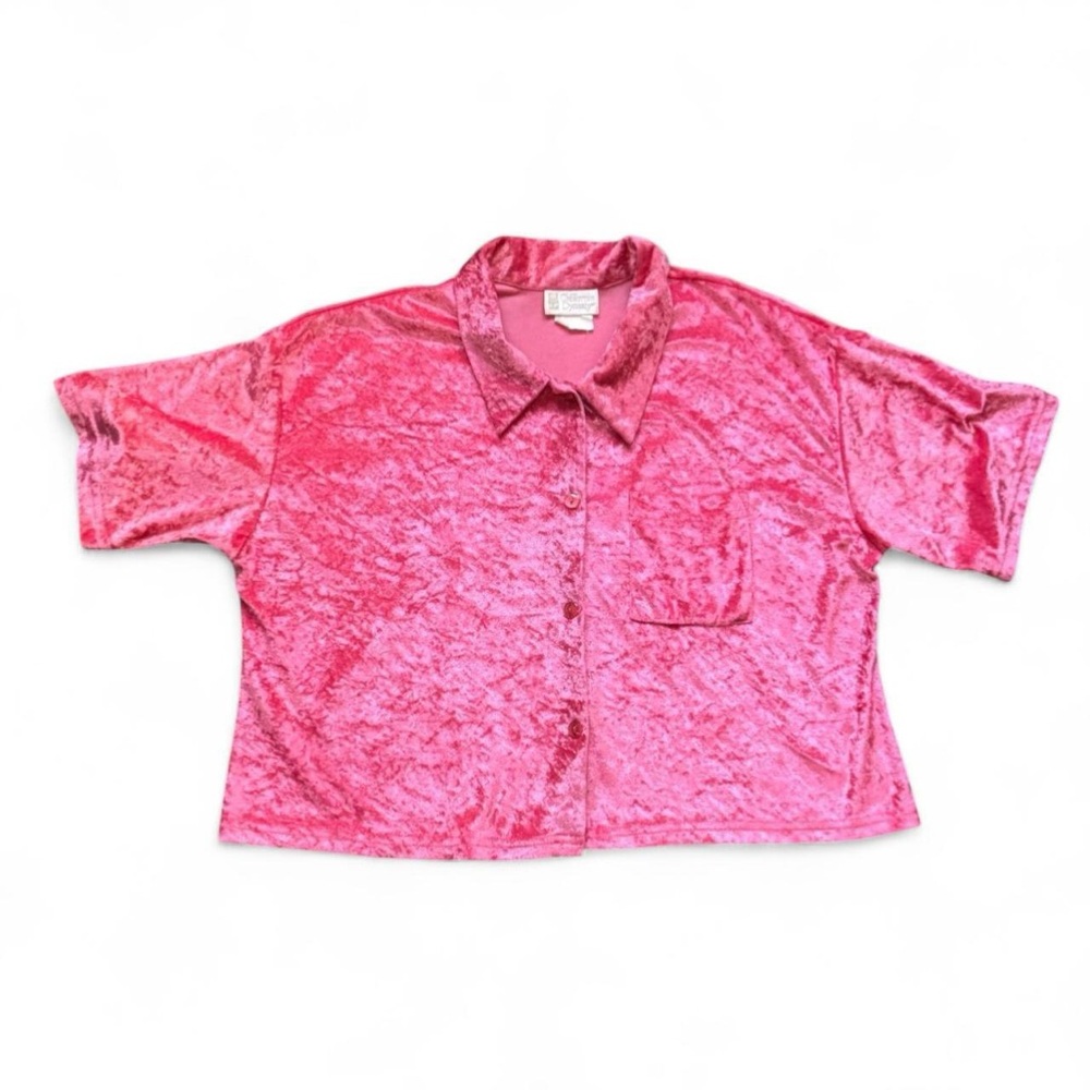 California Dynasty VTG 80s 90s Crushed Velour Hot Pink Button-Up Crop Top — L/XL - Picture 4 of 5